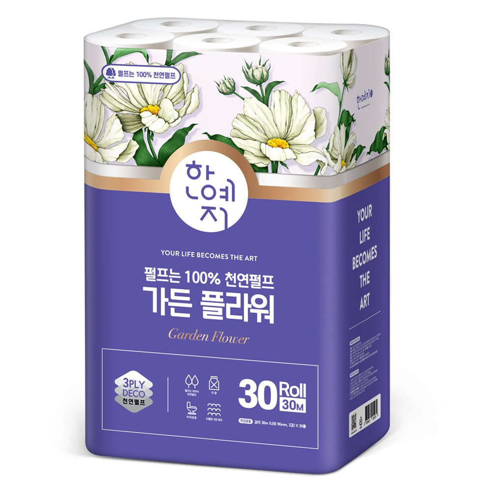 한예지 천연펄프 가든 플라워 3겹 두루마리 화장지 30m, 30롤, 1팩 상세 이미지 1